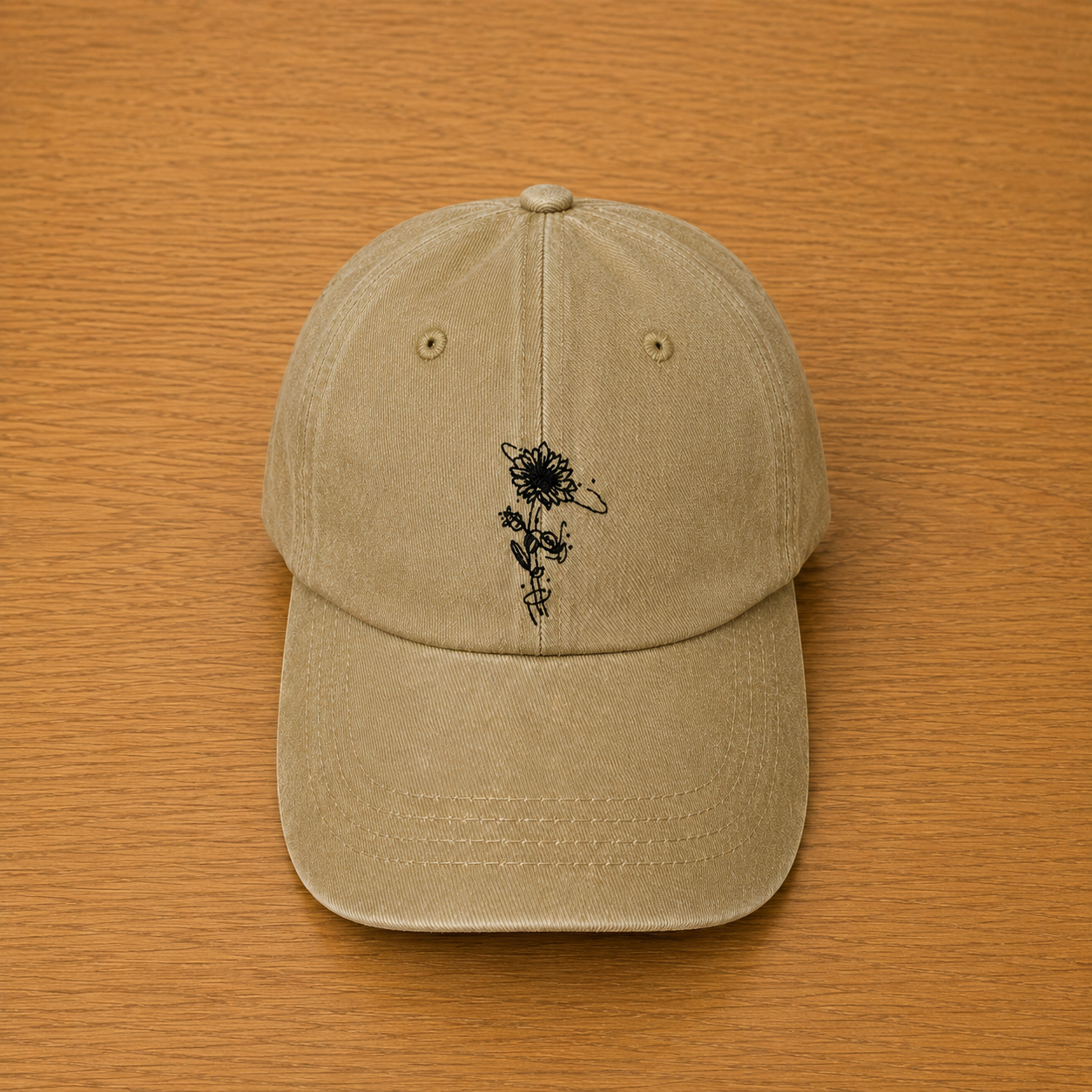 Casquette couleur sable avec tournesol brodé à la main