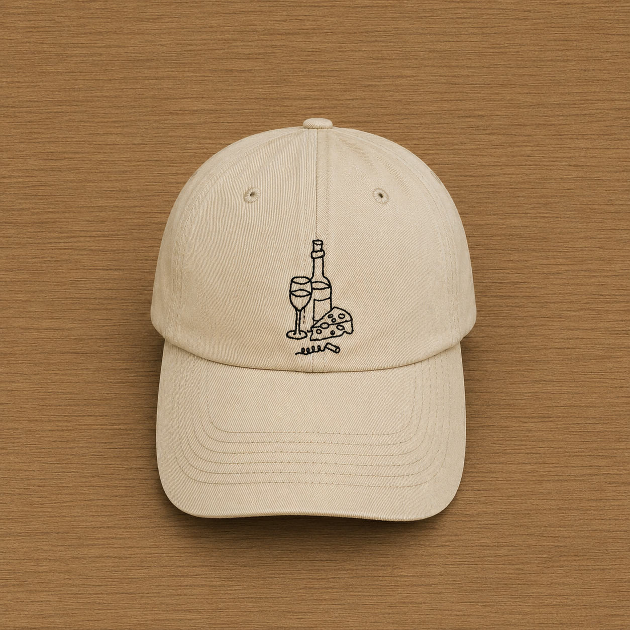 Beige cap with hand-embroidered wine and cheese